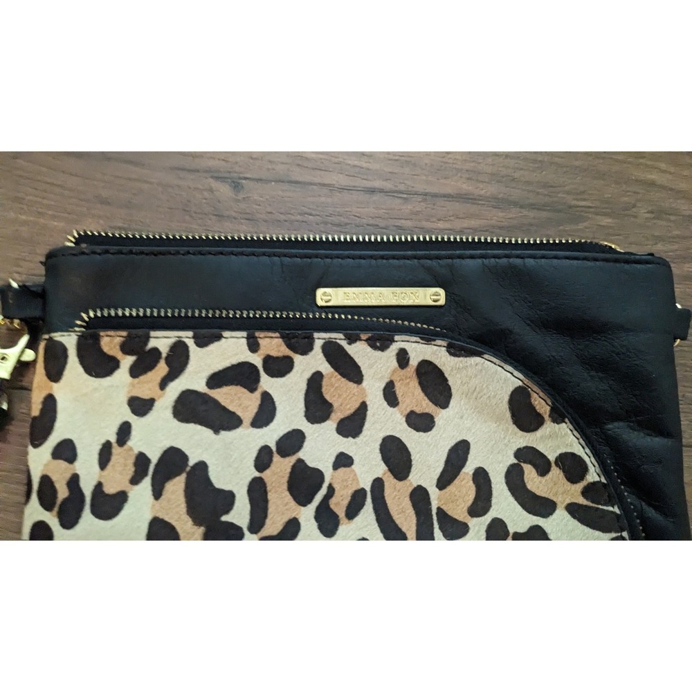 Emma Fox Leopard Print Wristlet Clutch‎ Black Leather Zip Pouch